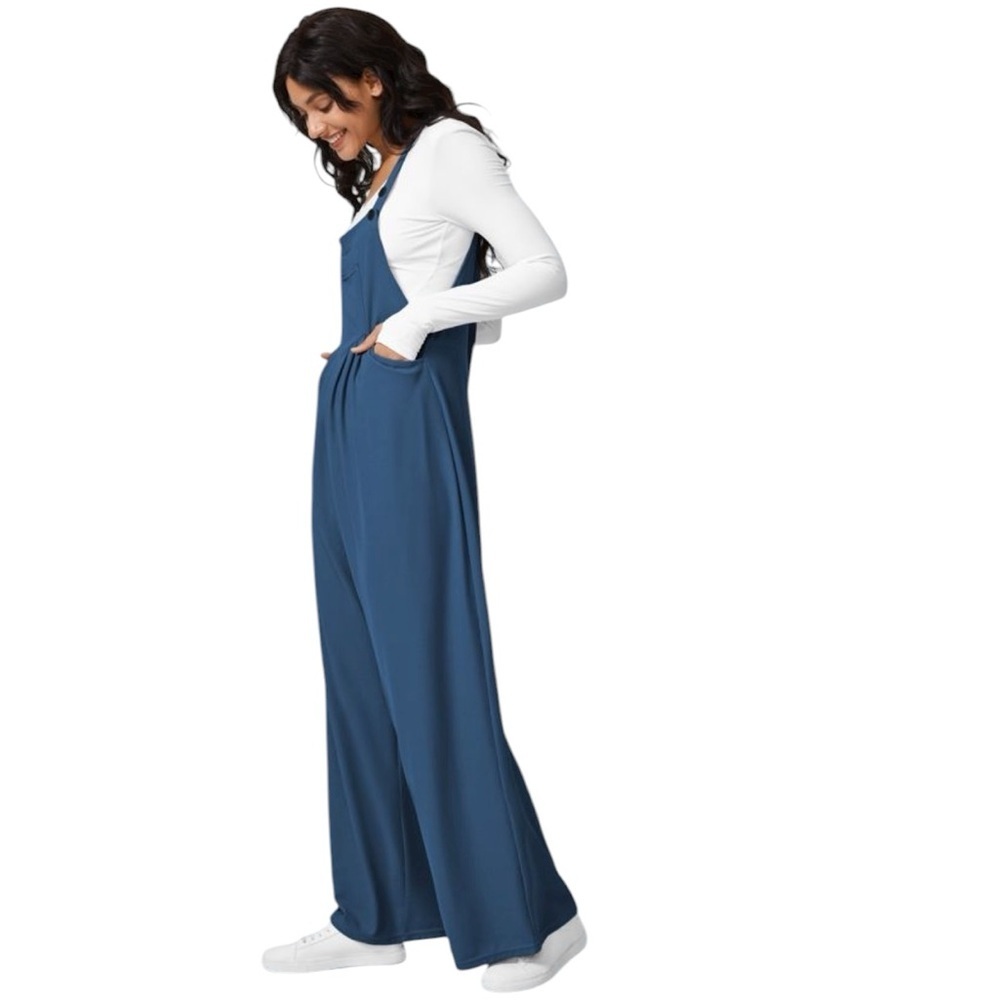 HALARA Waffle Jumpsuit Coveralls Stylish Blue Wide-Legs Multiple Pockets Casual - Picture 4 of 16